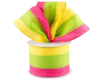 Cinta de lona con rayas brillantes en rosa, verde lima y amarillo de 2,5 pulgadas con alambre.