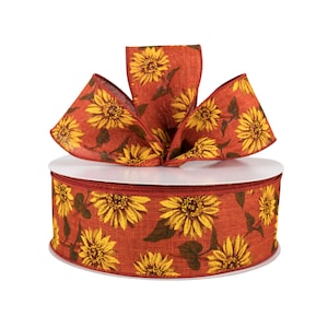 May include: A spool of 2.5 inch wide wired ribbon with a red background and a sunflower print.