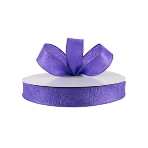 Embossed Flower Purple Weatherproof Fabric 1.5&quot; Wired Ribbon