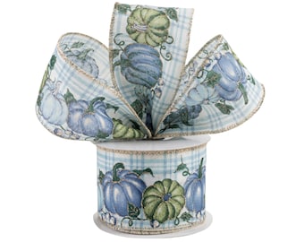 Plaid Pumpkin Light Blue Canvas 2.5" Wired Ribbon