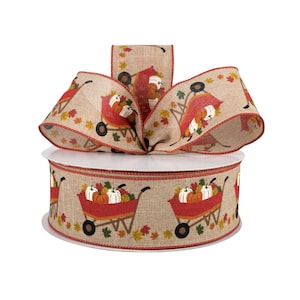 Fall Pumpkin Red Wheelbarrow 2.5" Wired Ribbon