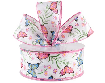 Butterfly Flowers Pink and Blue White Satin Fabric 2.5" Wired Ribbon