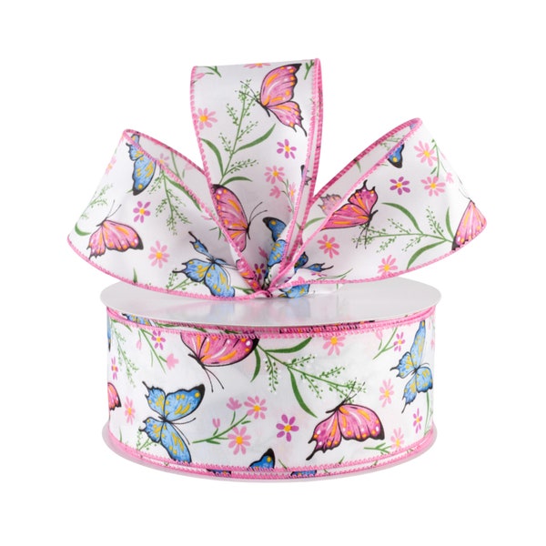 Butterfly Flowers Pink and Blue White Satin Fabric 2.5" Wired Ribbon