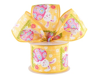 Happy Bunny Easter Egg Yellow Canvas 2.5" Wired Ribbon