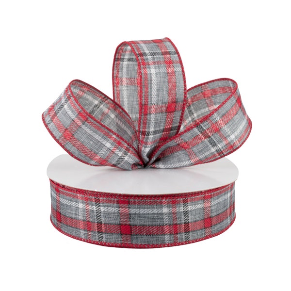 Christmas Plaid Gray and Red 1.5" Wired Ribbon