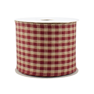 May include: A spool of wide ribbon featuring a woven texture with a red and beige gingham check pattern. The ribbon is wrapped around a white cylindrical core, displaying a consistent grid design across the entire surface of the fabric material.