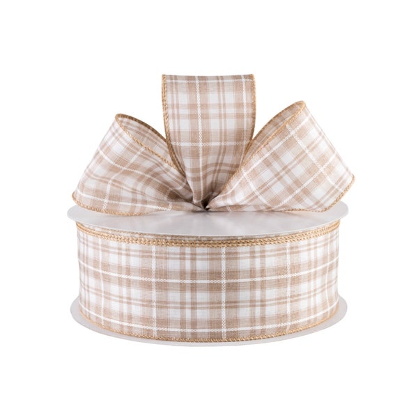 Natural and White Plaid Canvas Fabric 2.5" Wired Ribbon