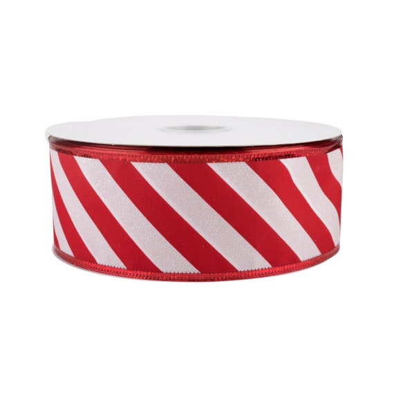 4 Diagonal Glitter Stripe Ribbon: White/Red - 10yds