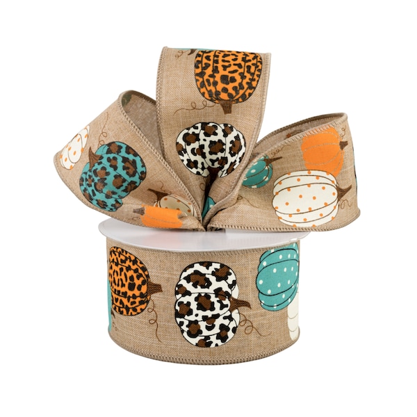 Fall Leopard Pumpkin Natural Canvas 2.5" Wired Ribbon