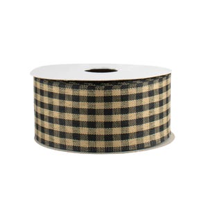 May include: A spool of black and tan gingham ribbon. The ribbon is tightly wound on a white cardboard core. The checkered pattern is evenly spaced and the ribbon appears to be made of a woven material.