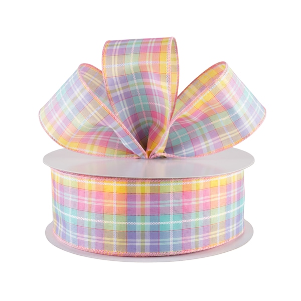 Pastel Plaid Pink Lavender Purple and Yellow Fabric 2.5" Wired Ribbon