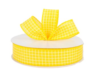 Yellow Stitched Fabric 1.5" Wired Ribbon