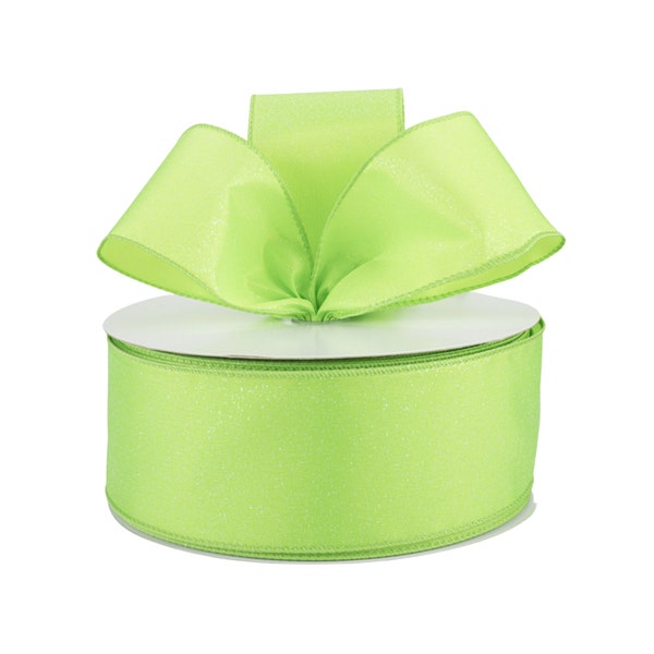 Lime Green Satin Glitter Fabric 2.5" Wired Ribbon