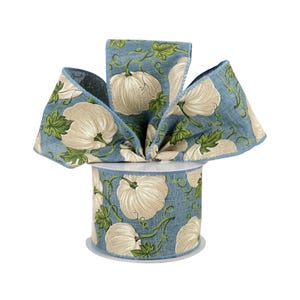 May include: A roll of blue and white patterned ribbon with a white pumpkin design. The ribbon is 2.5 inches wide and is perfect for fall crafts and decorating.