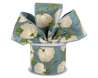 Fall Denim Blue White Pumpkin Gourd Canvas 2.5" Wired Ribbon