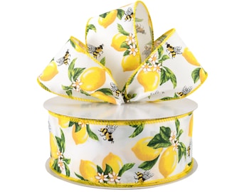 Lemon Bee Floral White Satin Fabric 2.5&quot; Wired Ribbon