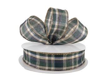 Blue and Green Plaid Metallic Fabric 1.5" Wired Ribbon