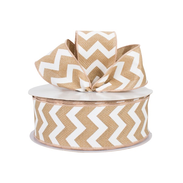 Natural White Chevron Burlap Canvas 2.5" Wired Ribbon