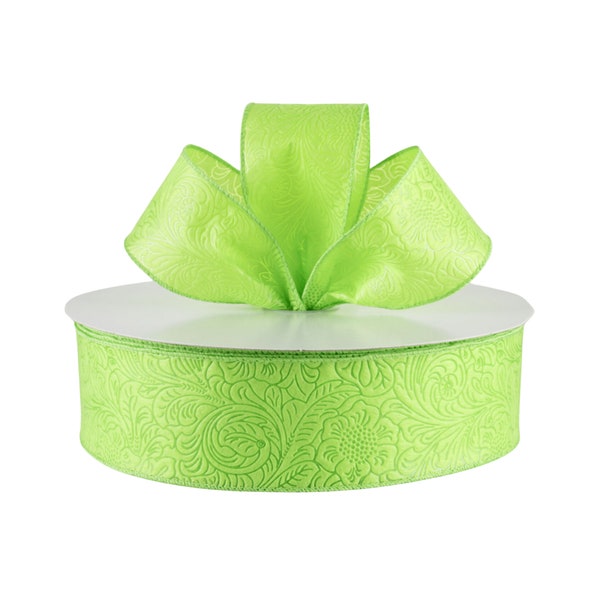 Embossed Flower Lime Green Weatherproof Fabric 2.5" Wired Ribbon