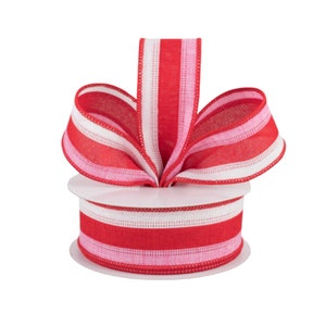 Valentine Stripe Pink Red and White Canvas 1.5" Wired Ribbon
