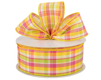 Spring Plaid Yellow Pink and Green Fabric 2.5" Wired Ribbon