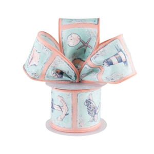 Coastal Ocean Life Teal Blue and Coral Canvas 2.5&quot; Wired Ribbon