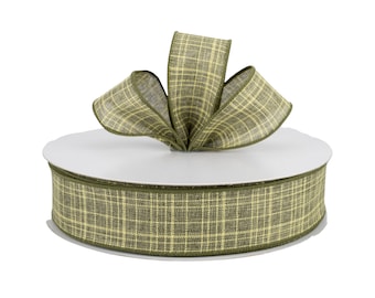 Moss Green Textured Linen Fabric 1.5&quot; Wired Ribbon