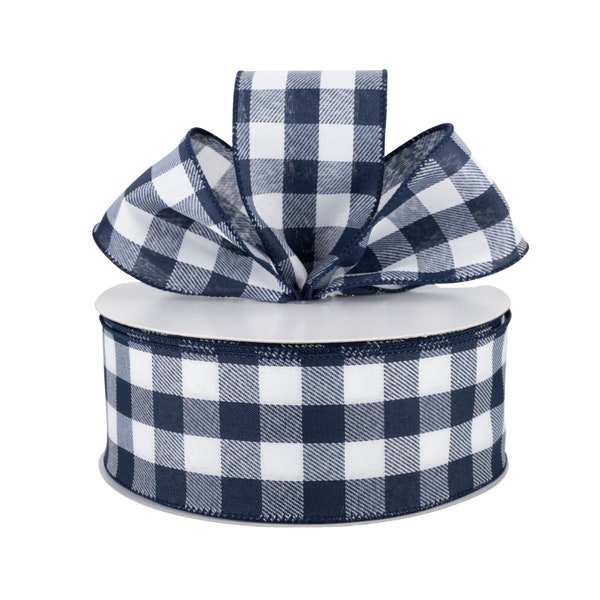 Buffalo Plaid Navy Blue and White 2.5" Wired Ribbon