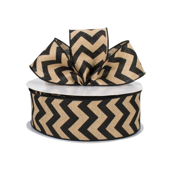 Natural Black Chevron Burlap Canvas 2.5" Wired Ribbon