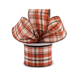 Rust Orange Brown Cream Plaid Canvas 2.5" Wired Ribbon