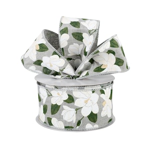 Magnolia Floral Gray Canvas 2.5&quot; Wired Ribbon