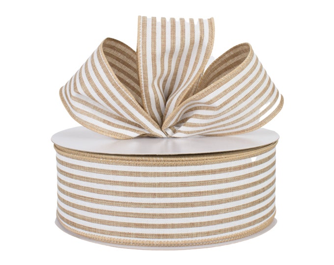 Natural Stripe Linen Fabric Wired Ribbon Etsy
