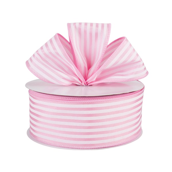 Pink and White Stripe Satin Fabric 2.5" Wired Ribbon