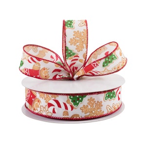Christmas Gingerbread Cookie White Glitter Fabric 1.5&quot; Wired Ribbon