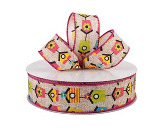 Retro Birdhouses Bright Natural Satin 1.5" Wired Ribbon