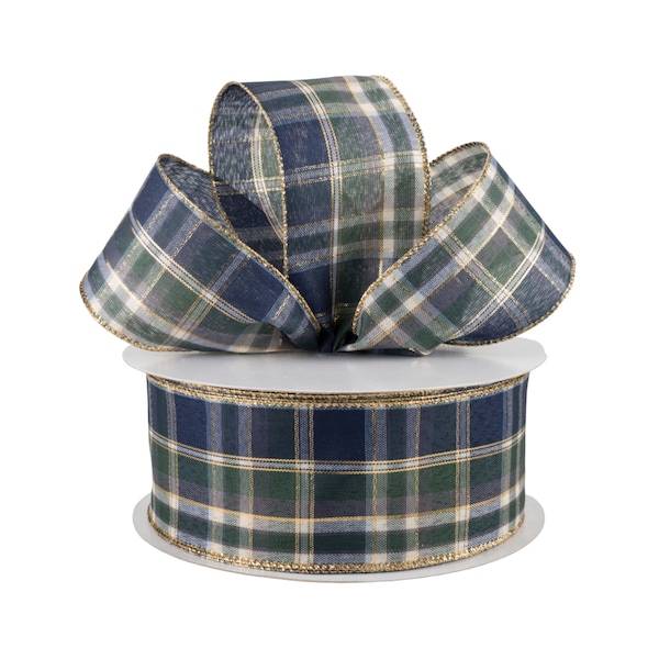 Blue and Green Plaid Metallic Fabric 2.5" Wired Ribbon