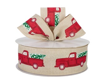 Red Farm Truck Holiday Canvas 2.5" Wired Ribbon