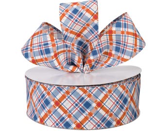Argyle Plaid Orange Blue White Glitter Canvas 2.5" Wired Ribbon