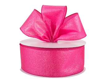 Bright Pink Satin Glitter Fabric 2.5&quot; Wired Ribbon