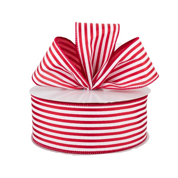 Red and White Stripe Satin Fabric 2.5" Wired Ribbon