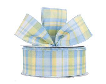 Bold Plaid Blue Yellow White Canvas 2.5" Wired Ribbon