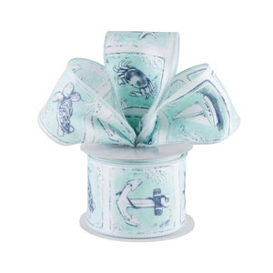 Coastal Ocean Life Teal Blue and White Canvas 2.5&quot; Wired Ribbon