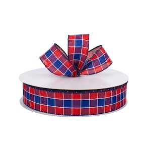 Buffalo Plaid Red and Blue Stitched Canvas 1.5" Wired Ribbon