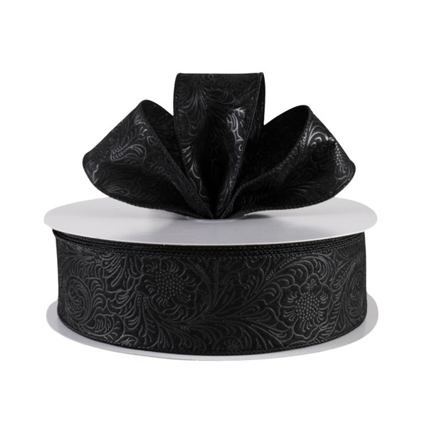 Embossed Flower Black Weatherproof Fabric 2.5" Wired Ribbon