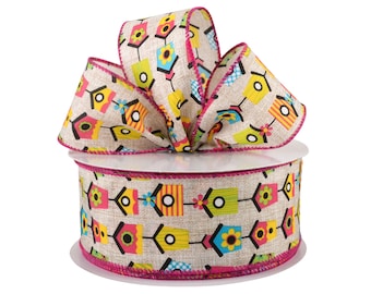 Retro Birdhouses Bright Natural Satin 2.5" Wired Ribbon