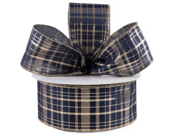 Navy Blue and Gold Plaid Metallic Fabric 2.5" Wired Ribbon