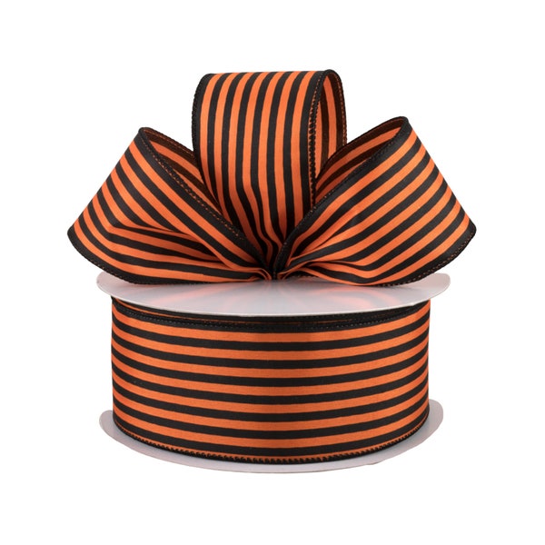 Orange and Black Stripe Satin Fabric 2.5" Wired Ribbon