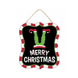 Merry Christmas Green Monster Legs Metal Sign Wreath Decoration