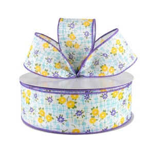 Textured Flowers Purple Yellow and Blue Canvas 2.5" Wired Ribbon