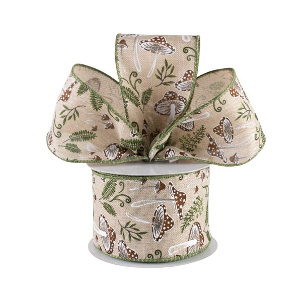 Mushroom and Fern Natural Canvas 2.5" Wired Ribbon